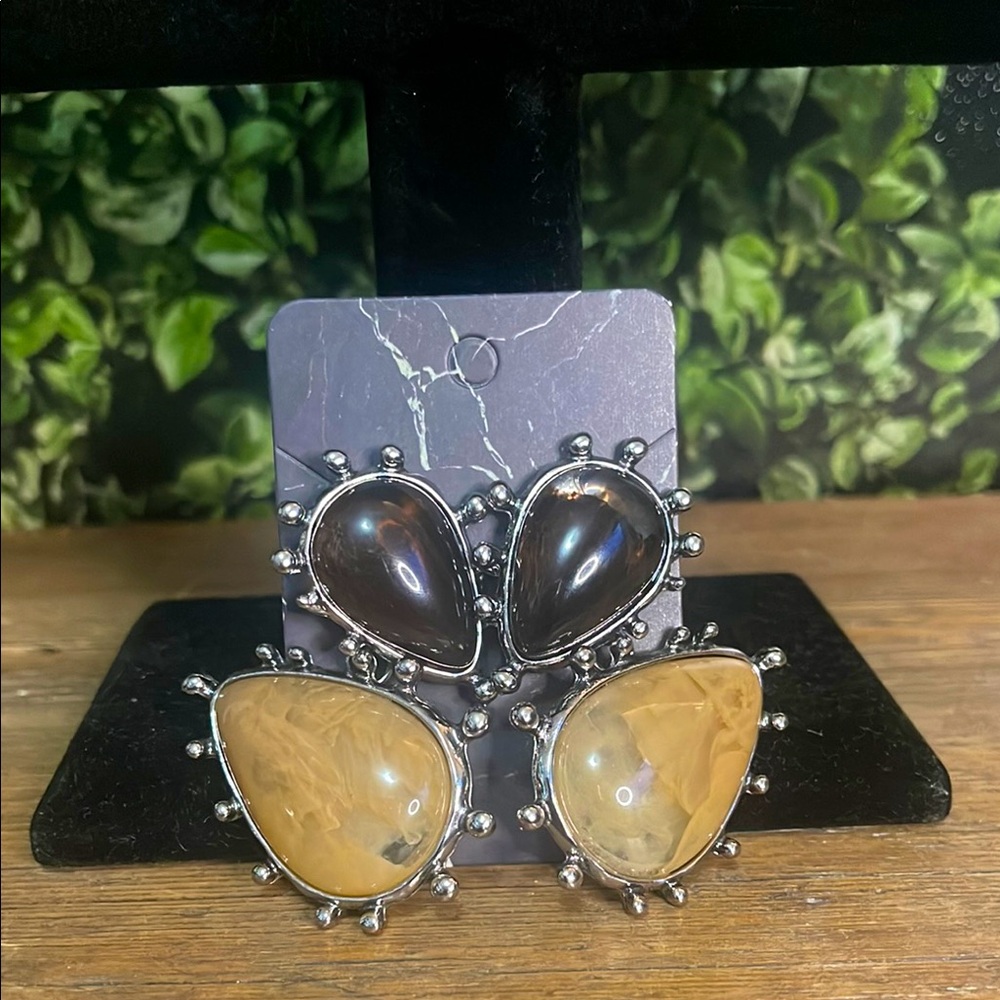 Silver and Faux Epoxy Stone Statement Earrings